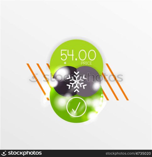 Round Christmas sale stickers with winter holiday elements. Round Christmas sale stickers with winter holiday elements and light effects. Vector geometric price promo labels