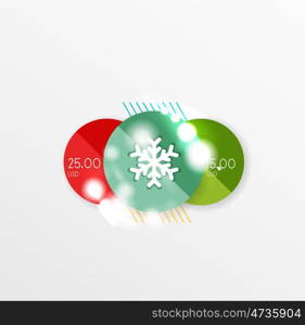 Round Christmas sale stickers with winter holiday elements. Round Christmas sale stickers with winter holiday elements and light effects. Vector geometric price promo labels