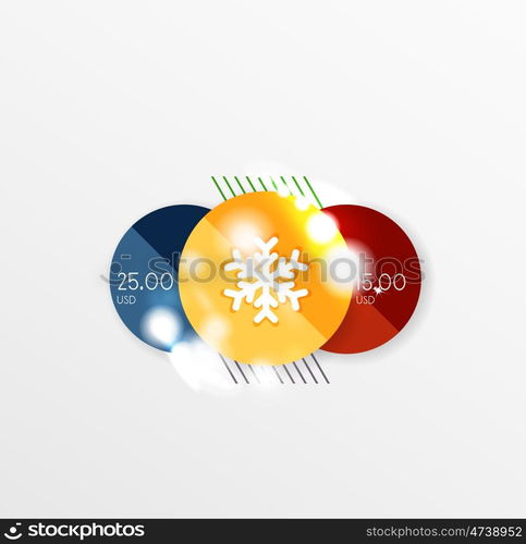 Round Christmas sale stickers with winter holiday elements. Round Christmas sale stickers with winter holiday elements and light effects. Vector geometric price promo labels