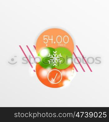 Round Christmas sale stickers with winter holiday elements. Round Christmas sale stickers with winter holiday elements and light effects. Vector geometric price promo labels