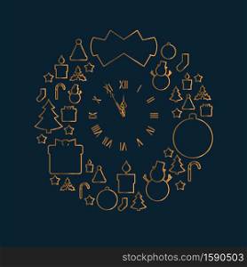Round Christmas Wreath-Shaped Icon Pattern. Gold Line Icons Christmas Related in the Form of a New Year&rsquo;s Wreath. Gold Watch, Showing at Five Minutes to Twelve, in the Center of the Composition.. Round Christmas Wreath-Shaped Icon Pattern. Golden Line Icons Christmas Related