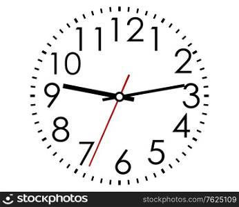 Round clock face with Arabic numerals and hour, minute and second hands in a black and white