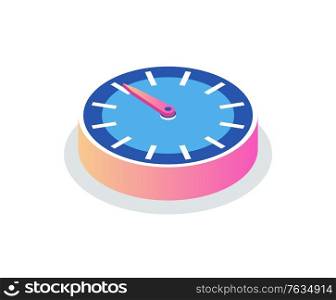 Round clock isolated time measurement icon. Vector circle with hour and minute pointers, 3d isometric modern timer with dial. Chronometer or deadline symbol, timepiece. Round Clock Isolated Time Measurement Icon Vector