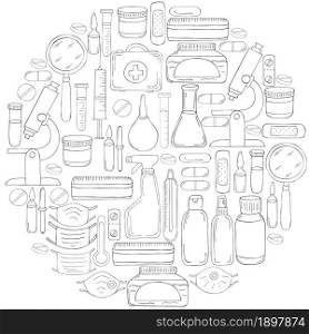 Round Coloring of vector illustrations. Laboratory assistant doctor tools set in hand draw style. Analysis tools, virus search. Doctor&rsquo;s case, microscope, tools. Monochrome medical illustrations. Coloring pages, black and white