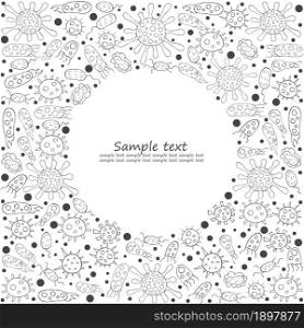Round Coloring vector elements. Set of cartoon microbes in hand draw style. Coronavirus, viruses, bacteria, microorganisms. Monochrome medical illustrations. Coloring pages, black and white