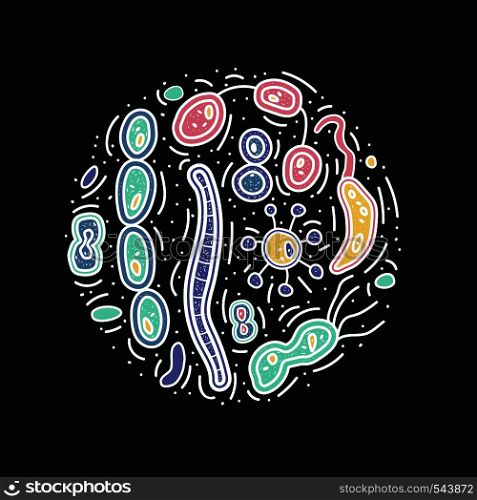 Round composition of bacterias cells. Vector doodle style objects.