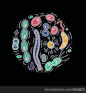 Round composition of bacterias cells. Vector doodle style objects.