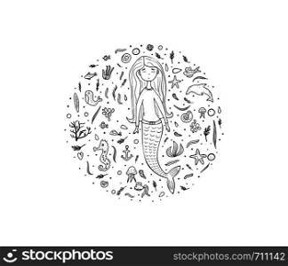 Round composition of mermaid and sea set in doodle style. Circle concept of sketch underwater elements. Vector illustration.