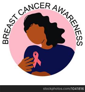 Round composition with a woman wearing pink ribbon. Breast cancer awareness note. Mammary cancer solidarity campaign. Vector illustration.. Round composition with a woman wearing pink ribbon.