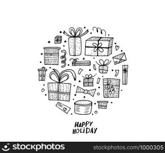 Round composition with gift boxes. Collection of holiday presents in doodle style. Vector illustration.