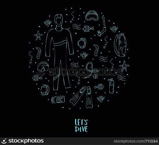 Round concept of scuba diving. Set of elements and equipment isolated on dark background. Underwater activity symbols and accessories. Diver mask, aqualung and other gears. Vector illustration.