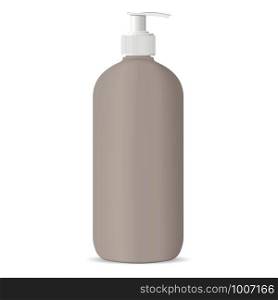Round Cosmetic bottle with dispenser pump lid in light brown color. Cosmetic container for next products: cream, moisturizer, shampoo, mask, soap and other liquids. 3d vector illustration.. Round Cosmetic bottle with dispenser pump lid
