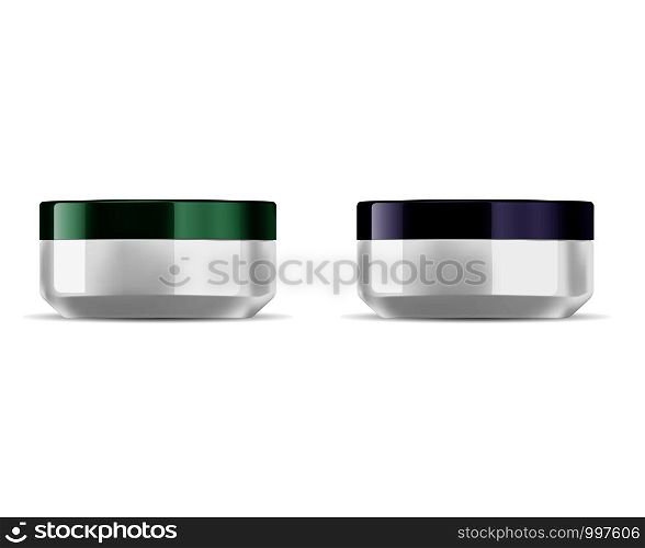 Round cosmetic jars set with glossy green and dark violet lids. White base containers mockup for cosmetic cream,salt,powder. Vector packaging design.. Round cosmetic jar set. Glossy green, violet lid
