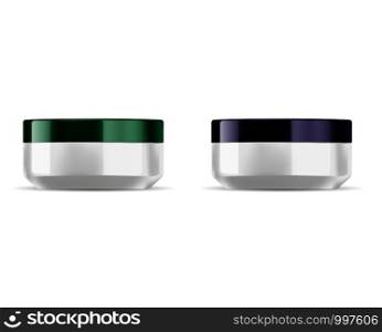 Round cosmetic jars set with glossy green and dark violet lids. White base containers mockup for cosmetic cream,salt,powder. Vector packaging design.. Round cosmetic jar set. Glossy green, violet lid