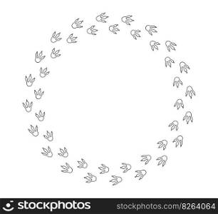 Round dragon footprint frame. Hand drawn circle dinosaur paw print border. Dragon foot frame template. Dino cute trail texture border. Vector illustration isolated on white background.. Round dragon footprint frame. Hand drawn circle dinosaur paw print border. Dragon foot frame template. Dino cute trail texture border. Vector illustration isolated on white background
