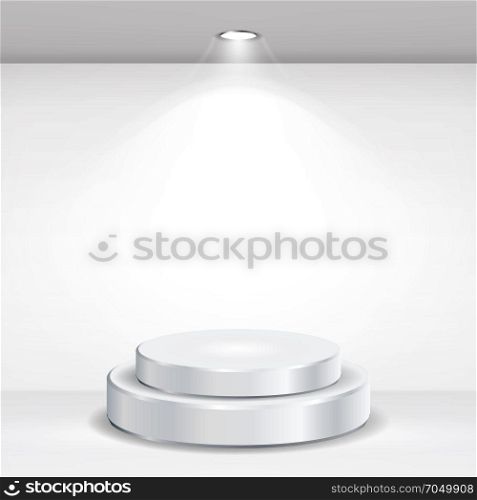 Round Empty Podium Vector. Realistic Tribune On Gallery Interior With Empty Wall And Lamps. Vector Illustration. Round Empty Podium Vector. Realistic Tribune On Gallery Interior With Empty Wall And Lamps. Vector
