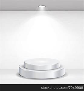 Round Empty Podium Vector. Realistic Tribune On Gallery Interior With Empty Wall And Lamps. Vector Illustration. Round Empty Podium Vector. Realistic Tribune On Gallery Interior With Empty Wall And Lamps. Vector