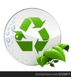 Round environmental label with recycling sign isolated on white.