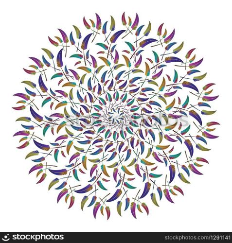 Round ethnic ornament with colorful feathers isolated on white background. Vector illustration. Round feather ethnic ornament