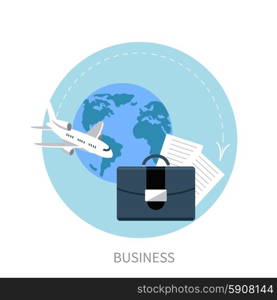 Round flat conceptual illustration of international business travel by airplane isolated on white background