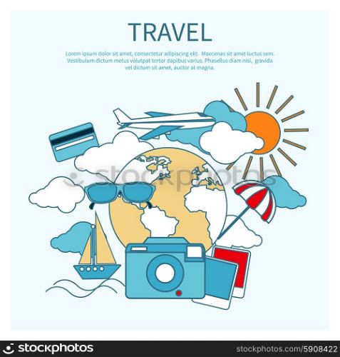Round flat conceptual illustration of international business travel by airplane. Tourist icons around the planet