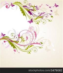 Round floral banner with butterflies and ornament