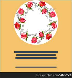 Round floral composition. Home decoration, poster, banner, print, textile design element. Vector illustration. . Round garland decorated with tulips.
