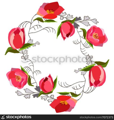 Round floral composition with pink tulips on white background. Home decoration, poster, banner, print, textile design element. Vector illustration. . Round garland decorated with pink tulips.
