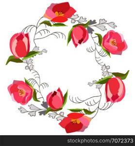 Round floral composition with pink tulips on white background. Home decoration, poster, banner, print, textile design element. Vector illustration. . Round garland decorated with pink tulips.
