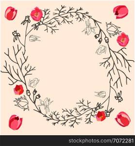 Round floral composition with pink tulips, rosebuds and leaves. Floral frame. Home decoration, poster, banner, print, textile design element. Vector illustration. . Round garland decorated with tulips and leaves.