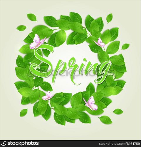 Round floral frame with green leaves and butterfly. Vector illustration.