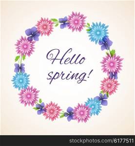 "Round floral frame with "Hello spring" inscription. Vector illustration. Card with pink and blue flowers."