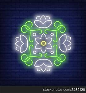 Round floral mandala neon sign. Flower logo design. Night bright neon sign, colorful billboard, light banner. Vector illustration in neon style.