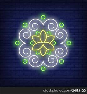 Round floral pattern mandala neon sign. Flower logo design. Night bright neon sign, colorful billboard, light banner. Vector illustration in neon style.