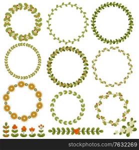 Round floral vector frames and other elements for summer design. Eps 10