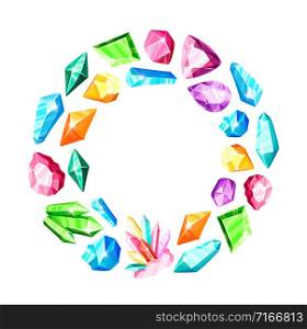 Round frame - colorful rainbow crystals or blue, golden, green, pink, violet gems, isolated icons on white background, composition with gemstones, quartz, minerals, diamonds, flat vector illustration. New Crystals Set and patterns
