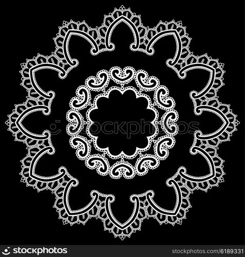 Round Frame - floral lace ornament - white on black background. Element for holiday card, wedding invitation, vintage style design.