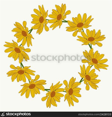 Round frame from gerberas. Large yellow flowers in circle. Floral wreath of garden flowers vector illustration 