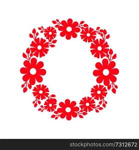Round frame made of blooming flowers vector illustration decorative border with red blossoms and leaves isolated on white background in flat style. Round Frame Made of Blooming Flowers Vector Icon