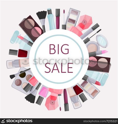 Round frame made of decorative cosmetics. Advertising of a Sale. A design element. Vector.