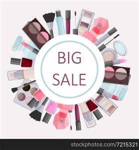 Round frame made of decorative cosmetics. Advertising of a Sale. A design element. Vector.