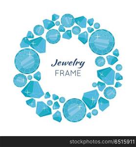 Round Frame Made of Diamonds.. Jewelry round frame with space for text. Round frame made of blue shiny diamonds. Blue shiny diamonds on on white background. Diamond decoration. Vector illustration in flat.