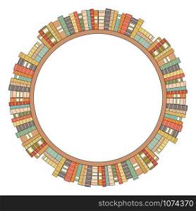 Round frame of bookshelves with colorful books. Library and file cabinet. Knowledge and education. Contour vector border for frames, invitation, cards and your design.. Round frame of bookshelves with colorful books. Library and file cabinet. Knowledge and education. Contour vector border