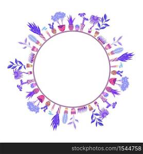 Round frame of home flowers in pots with decorations on the shelves. Objects separate from the background. Vector element for cards, invitations and your creativity. Round frame of home flowers in pots with decorations on the shelves. Objects separate from the background.