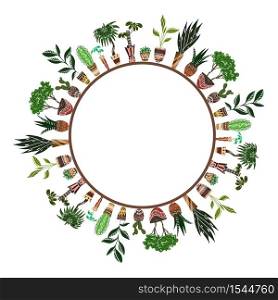 Round frame of home flowers in pots with decorations on the shelves. Objects separate from the background. Vector element for cards, invitations and your creativity. Round frame of home flowers in pots with decorations on the shelves. Objects separate from the background.