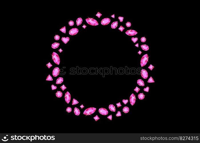 Round frame of shiny pink gems on a black background. Abstract background. vector. 