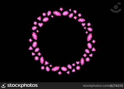 Round frame of shiny pink gems on a black background. Abstract background. vector. 