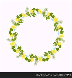 Round frame of spring flowers and twigs. Vector flat illustration. Wedding card decoration. Greeting card. White background.. Round frame of spring flowers and twigs.