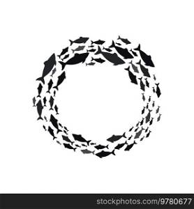Round frame of swimming aquatic tuna, shoaling and schooling fish in circle silhouette. Vector school of fish swimming in circle, marine cod flock. Fish shoal round frame of fishes school silhouette