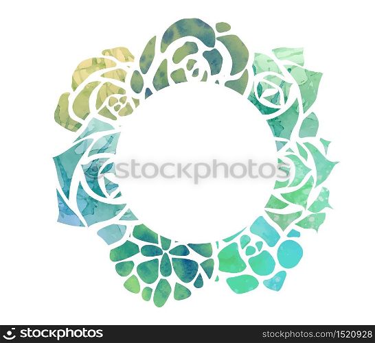 Round frame of watercolor succulents with a top view on a white background. Vector template for invitation, greeting card and your creativity. Round frame of watercolor succulents with a top view on a white background.